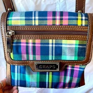 Chaps plaid crossbody purse navy pink green preppy organized brown trim
